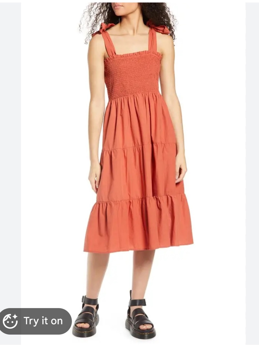 Only Maggie Smocked Tie-Shoulder Midi Dress in Hot Sauce Terracotta Large